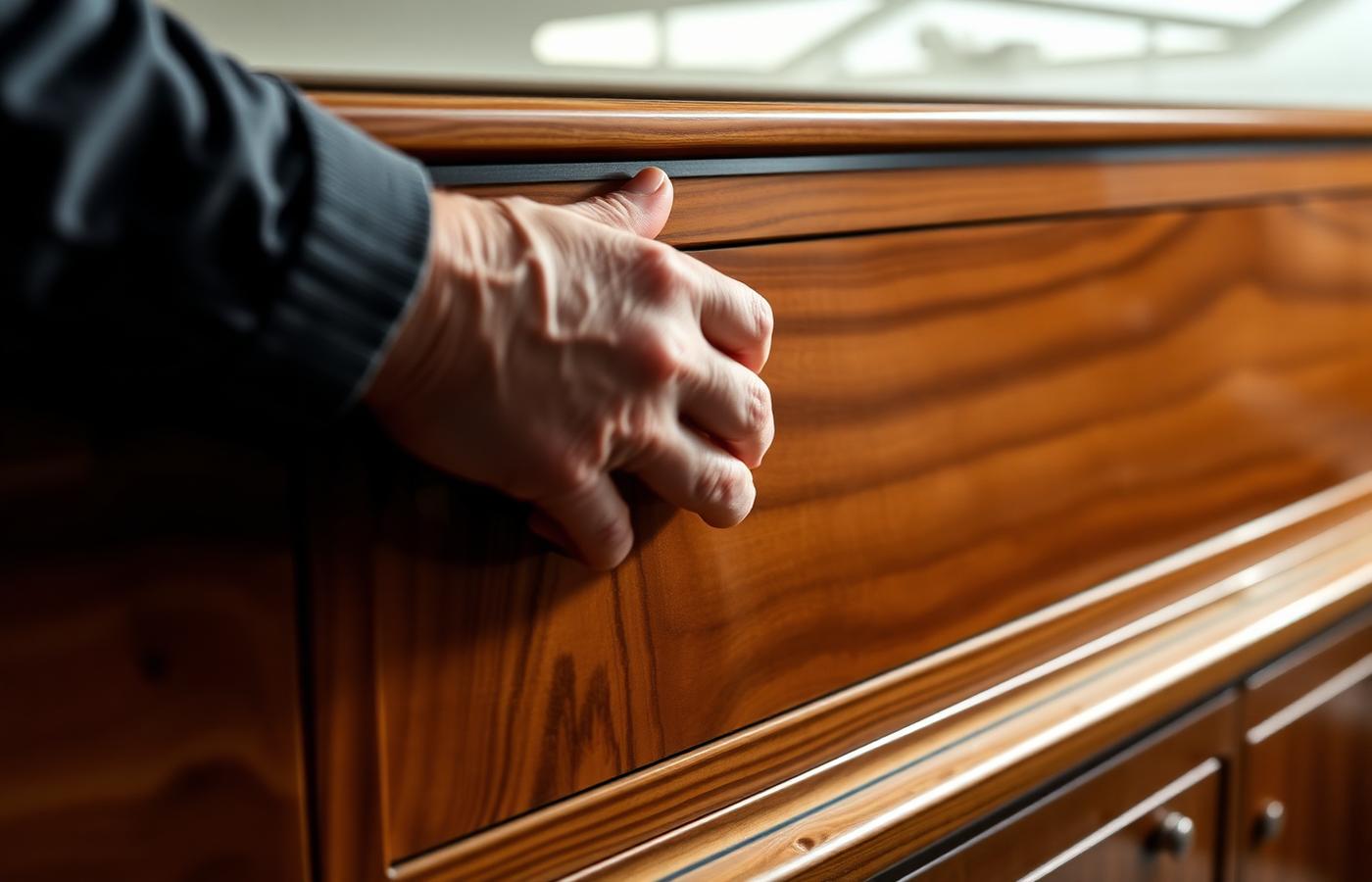 Craftsman finishing walnut joinery inside a luxury yacht
